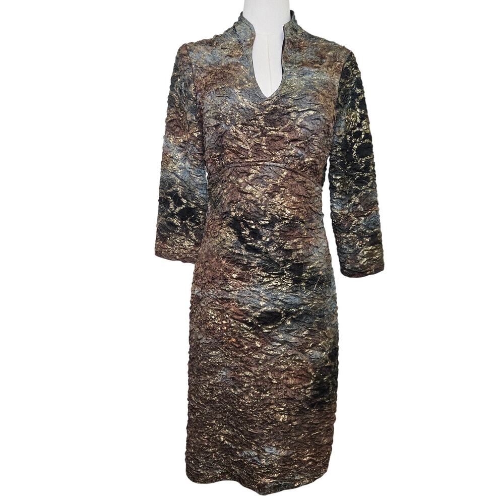 Frank Lyman Vtg 90s Y2K Artsy  Babydoll Brown Metallic Textured Midi Dress 10